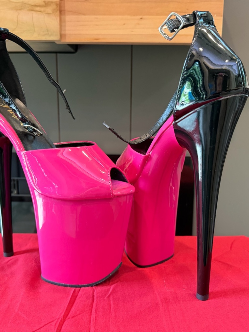 Pleaser Hot Pink and Black Platform Peep-Toe Ankle-Strap Heels 8 inch platform